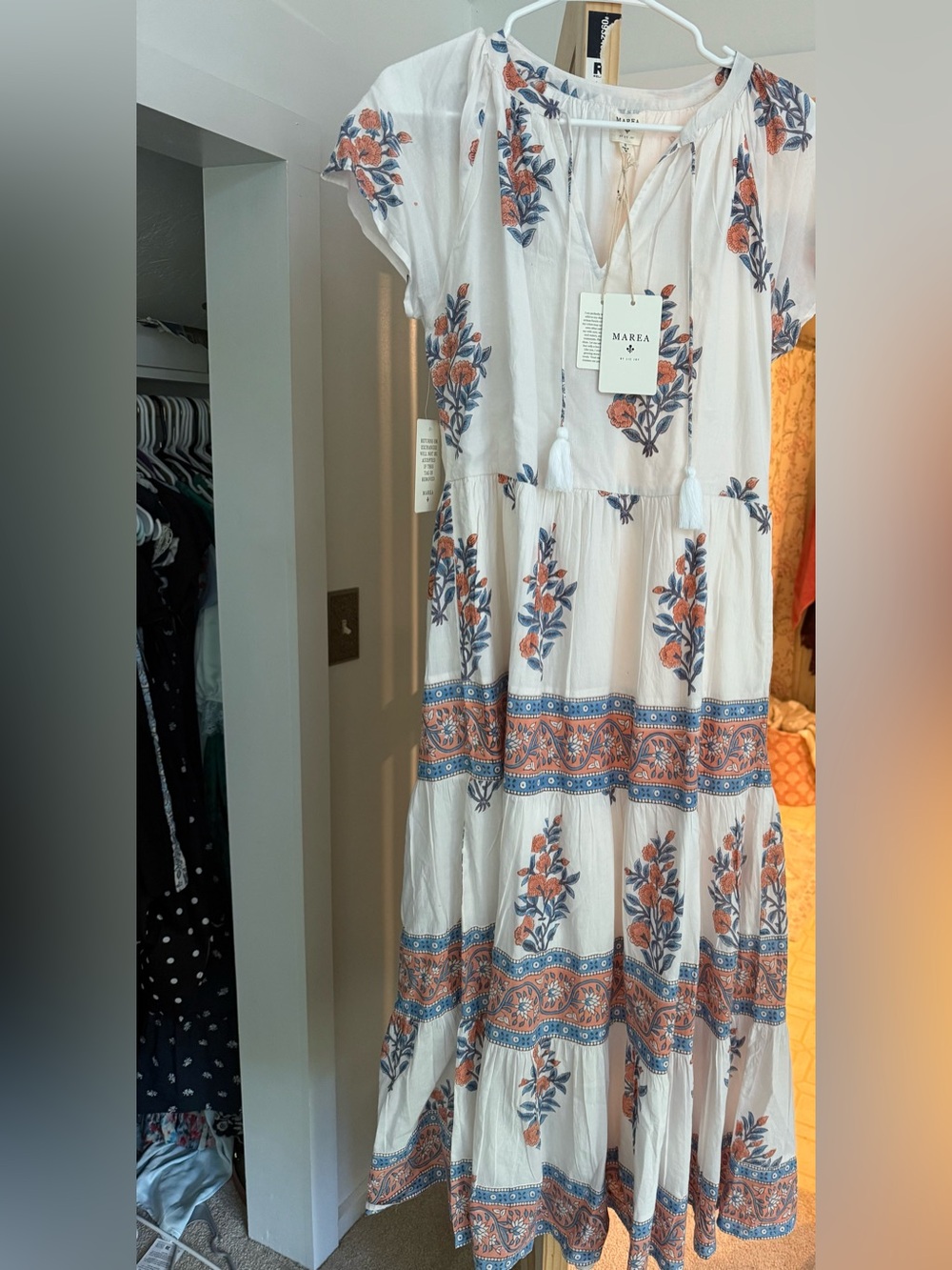 MAREA by Liz Joy Floral Tiered Maxi Dress in White with Rust & Navy. New